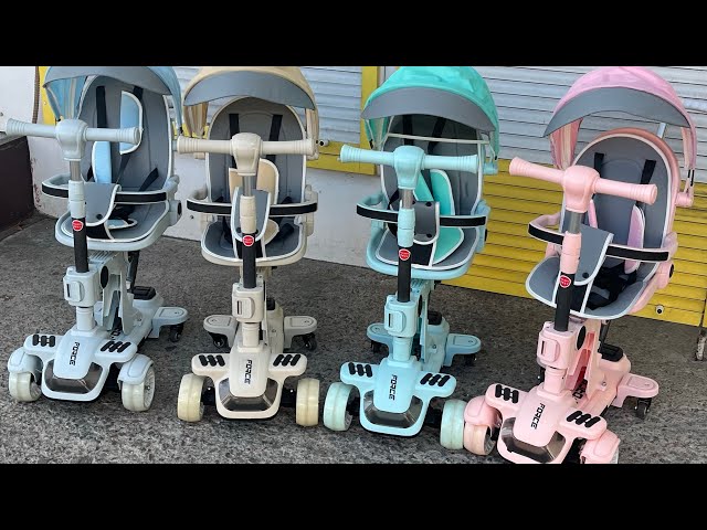 Дитячий триколісний самокат коляска FORCE+ музика, підсвітка, сидіння, батьківська ручка Рожевий