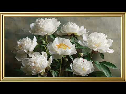 White Peonies in Full Bloom Oil Painting | 4K Vintage Wallpaper Art Screensaver | Vintage Frames