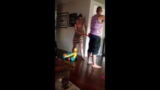 Funny hit with a toy golf club