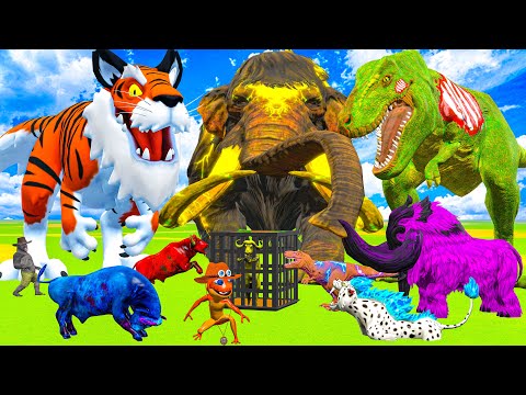 10 Mammoth Elephant SUPER vs 9 Buffalo Fight Hybrid Dinosaur Cow Cartoon Saved By Woolly Mammoth