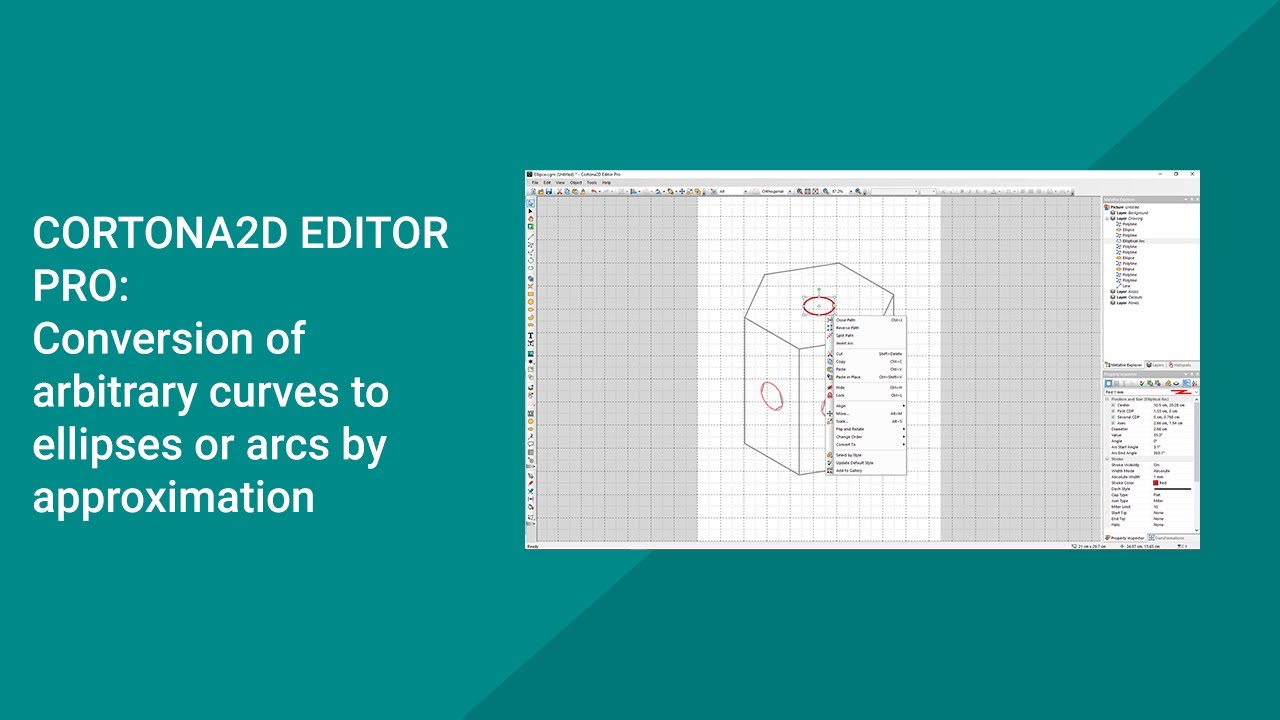 Cortona2D Editor Pro Tutorial: Conversion of arbitrary curves to ellipses or arcs by approximation