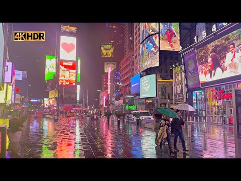 Relaxing Rain Walk Times Square - Manhattan Rainy Night 4k - Soothing Rain