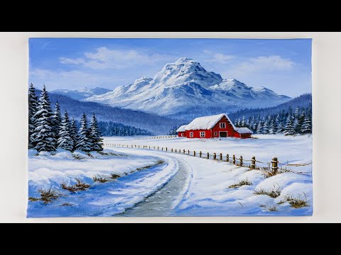 How to Paint a Realistic Winter Landscape with a Red Barn | Acrylic Painting