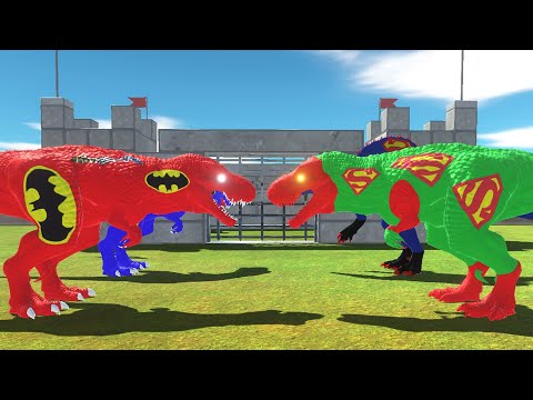 RED BLUE BATMAN T-REX vs GREEN SUPERMAN T-REX DEATH RUN CASTLE - Animal Revolt Battle Simulator