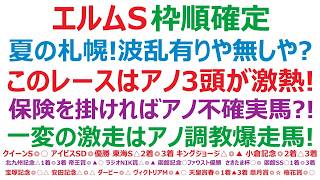 エルムステークス2026枠順確定　夏の札幌！波乱は有りや無しや？このレースは、アノ3頭が激熱です。保険を掛ければ、アノ不確実性の代表馬？！一変の激走があれば、アノ調教爆走の馬！