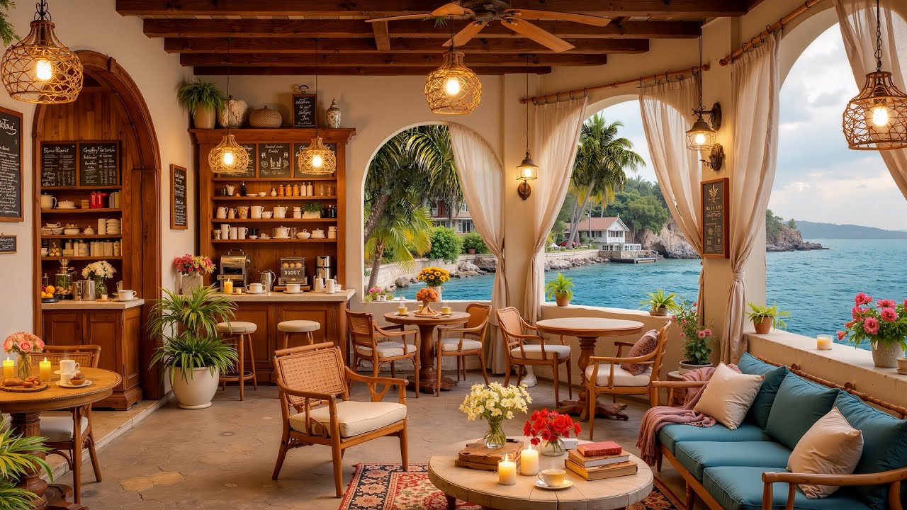 Smooth Seaside Jazz & Ocean Waves ~ Seaside Coffee Shop Ambience for a Peaceful Day