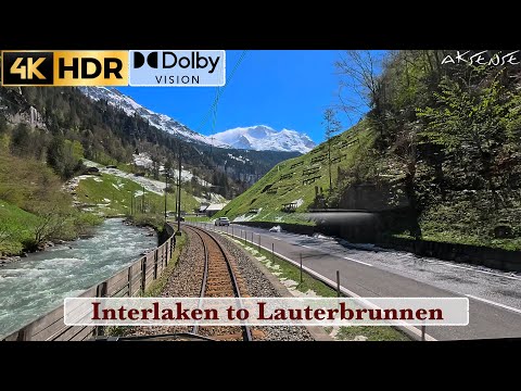 4K Cab Ride - Interlaken to Lauterbrunnen Switzerland - Train Driver View Spring season - 4k 60p hdr