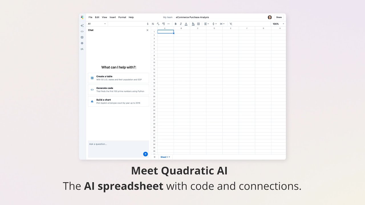 Quadratic open-source spreadsheet official demonstration video - AI-driven data processing and programming features showcase