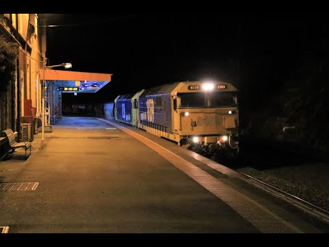 Pacific National Grain Train roars through Seymour at night - 8159 & BL26 - 30/07/2021