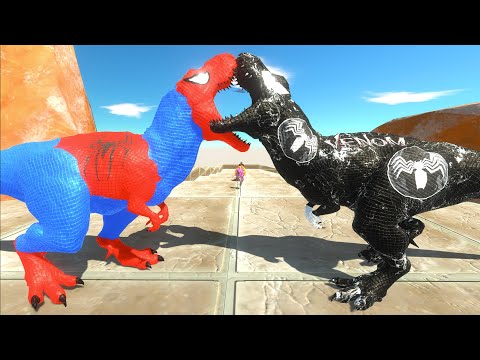 SPIDERMAN T-REX vs VENOM T-REX MOUNTAIN DEATH FALL - Animal Revolt Battle Simulator