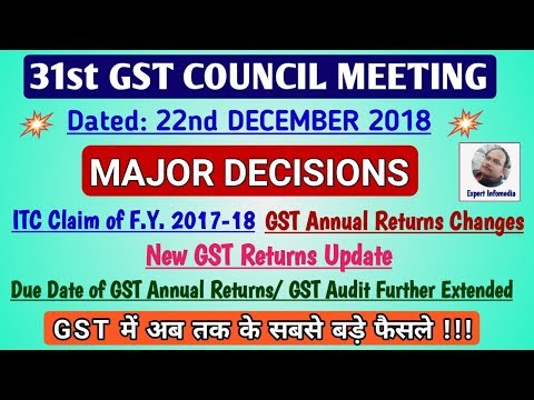 31st GST COUNCIL MEETING MAJOR HIGHLIGHTS:ITC-FY 2017-18|Due Date of Annual Returns|New GST Return!! Video