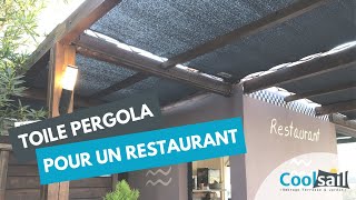 Installation de Toile Pergola, structure Bois, Voile respirante micro-perforée.