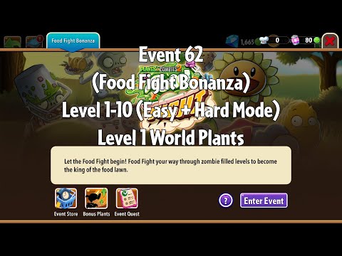 PvZ2 Thymed Event (Food Fight Bonanza)(Event 62), Level 1-10 (Easy + Hard Mode), Level 1 Plants