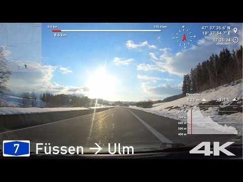 Driving A7 Füssen - Ulm: 4k, 5x Speed, with Telemetry