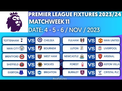 EPL Fixtures Today -  Match Week 11 -English Premier League Fixtures 2023/2024 Season
