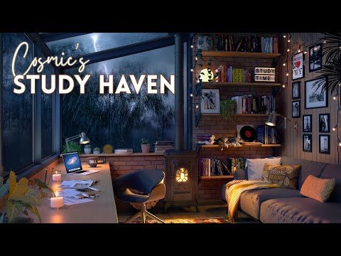 Rooftop Study Room with Thunderstorm Rain and Fireplace Sounds - Ambience for Studying, Relaxing