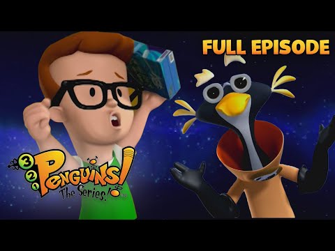 Thumbnail: boy with glasses holds a blue box above his head beside a surprised penguin; 'FULL EPISODE' banner.