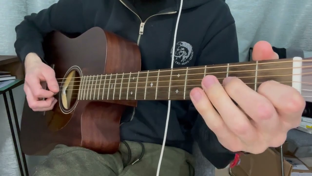Guitar fretboard playing a C Lydian open string lick with ringing open strings