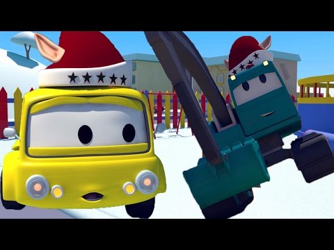 Byggänget: Dumpern, kranbilen och grävmaskinen bygger julklappsinslagaren i Bilköping