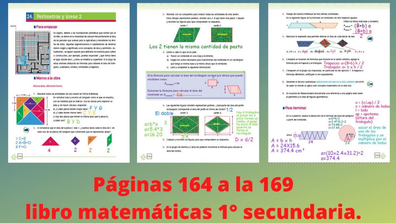 Pág 164, 165, 166, 167, 168 y 169 matemáticas 1° secundaria Perímetros y áreas