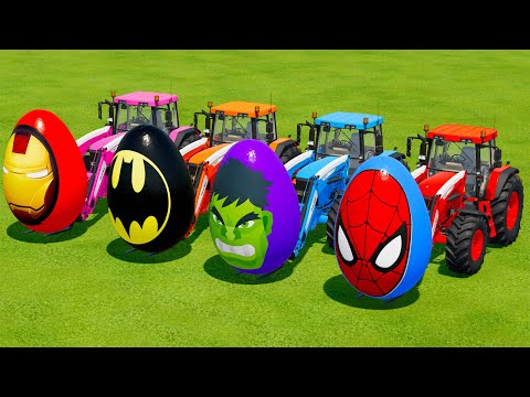 LOAD AND TRANSPORT SUPER HERO EGGS WITH JOHN DERRE TRACTORS - Farming Simulator 22