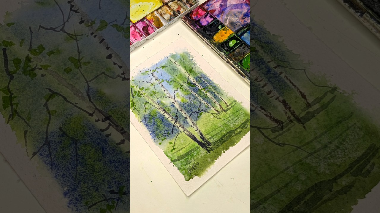 Watercolour Spring Birch Landscape using Color Lifting #watercolor #painting #birchtree #landscape