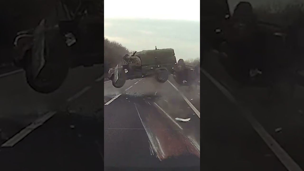 Moment UK military vehicle flips and rolls on highway to avoid swerving car #shorts