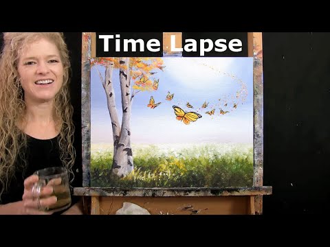 TIME LAPSE - Learn How to Paint BUTTERFLY BIRCH TREE with Acrylic - Landscape Step by Step Lesson