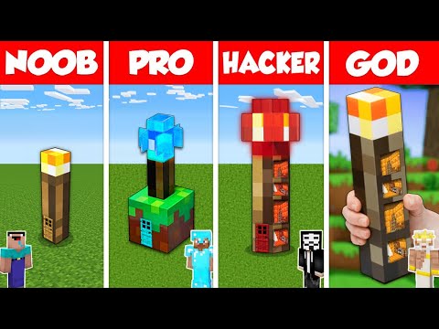 Minecraft Battle: NOOB vs PRO vs HACKER vs GOD: INSIDE TORCH HOUSE BASE BUILD CHALLENGE / Animation
