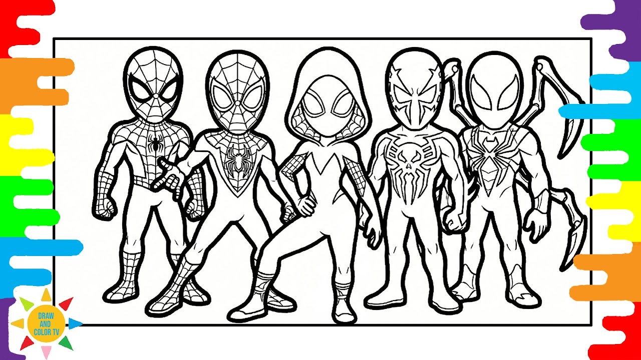 Spider-Man Team Coloring Page | Miles Morales, Gwen & 2099 | Marvel Art