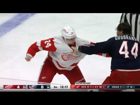 Detroit Red Wings Klim Kostin hits Blue Jackets Cole Sillinger then fights Erik Gudbranson