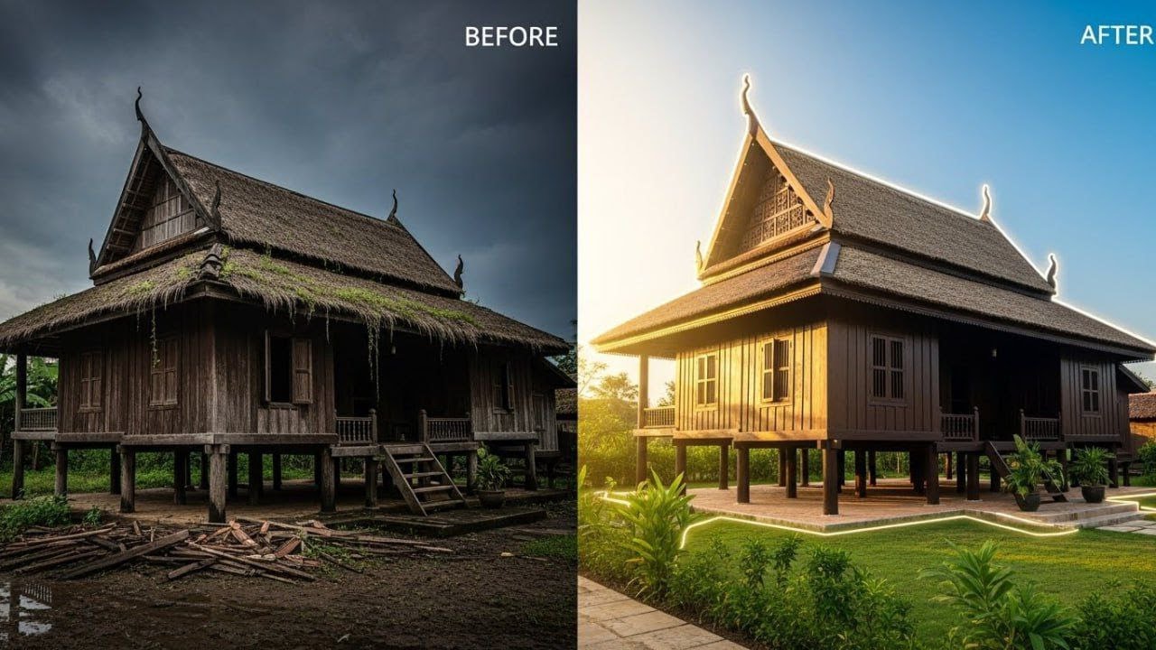 Old Khmer wooden house from the 1970s, abandoned traditional Cambodian village house,