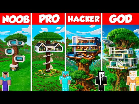 New Modern Tree House Build Battle Challenge - Noob vs Pro vs Hacker vs God - Minecraft Animation