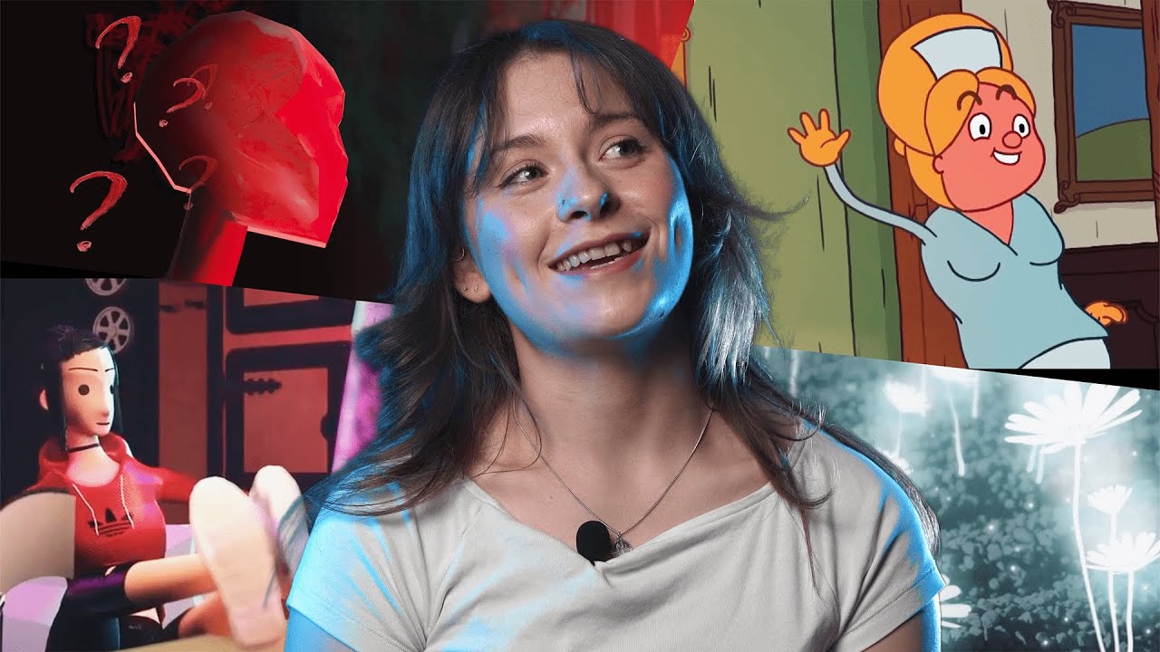Colourful images from a range of animated films including an illustrated nurse and some abstract daisies provide a background to a smiling female in a white t shirt with a mic clipped to it