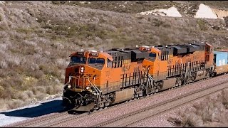 Cajon Pass BNSF triple header rolls down with Intermodal containers in Horsethief canyon