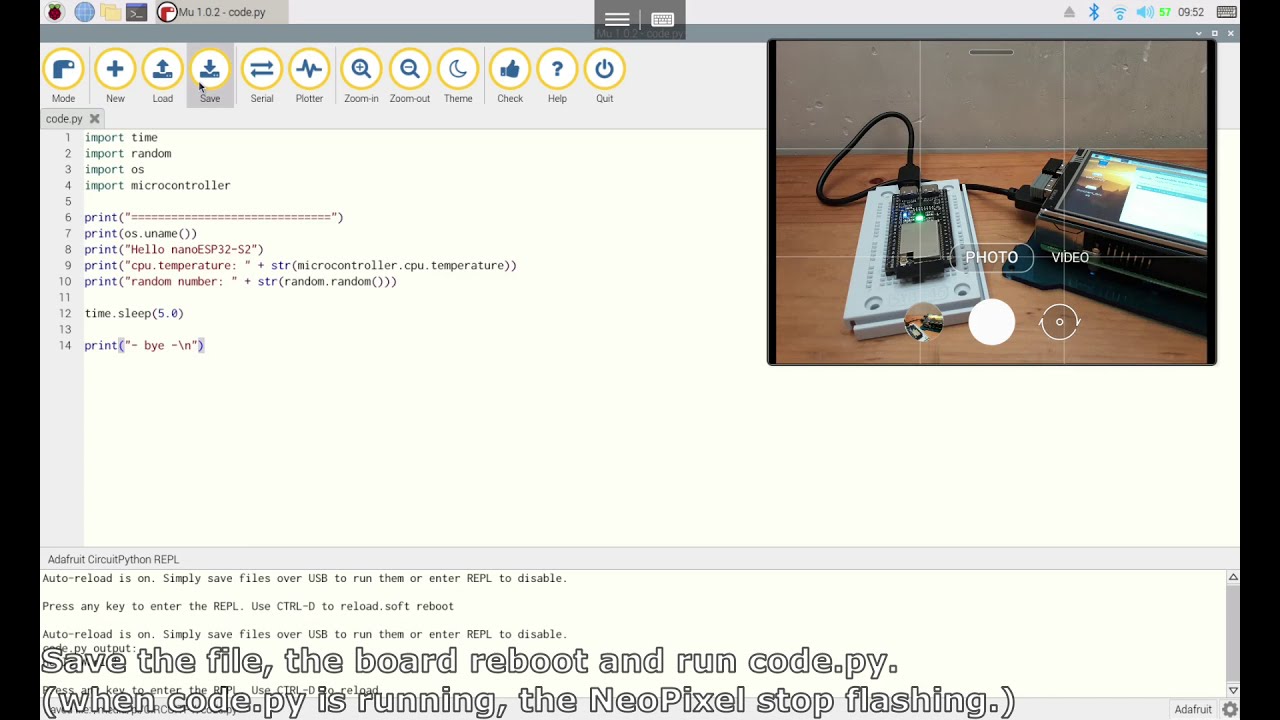 ESP32-S2/CircuitPython, how to run code.py in Mu editor.