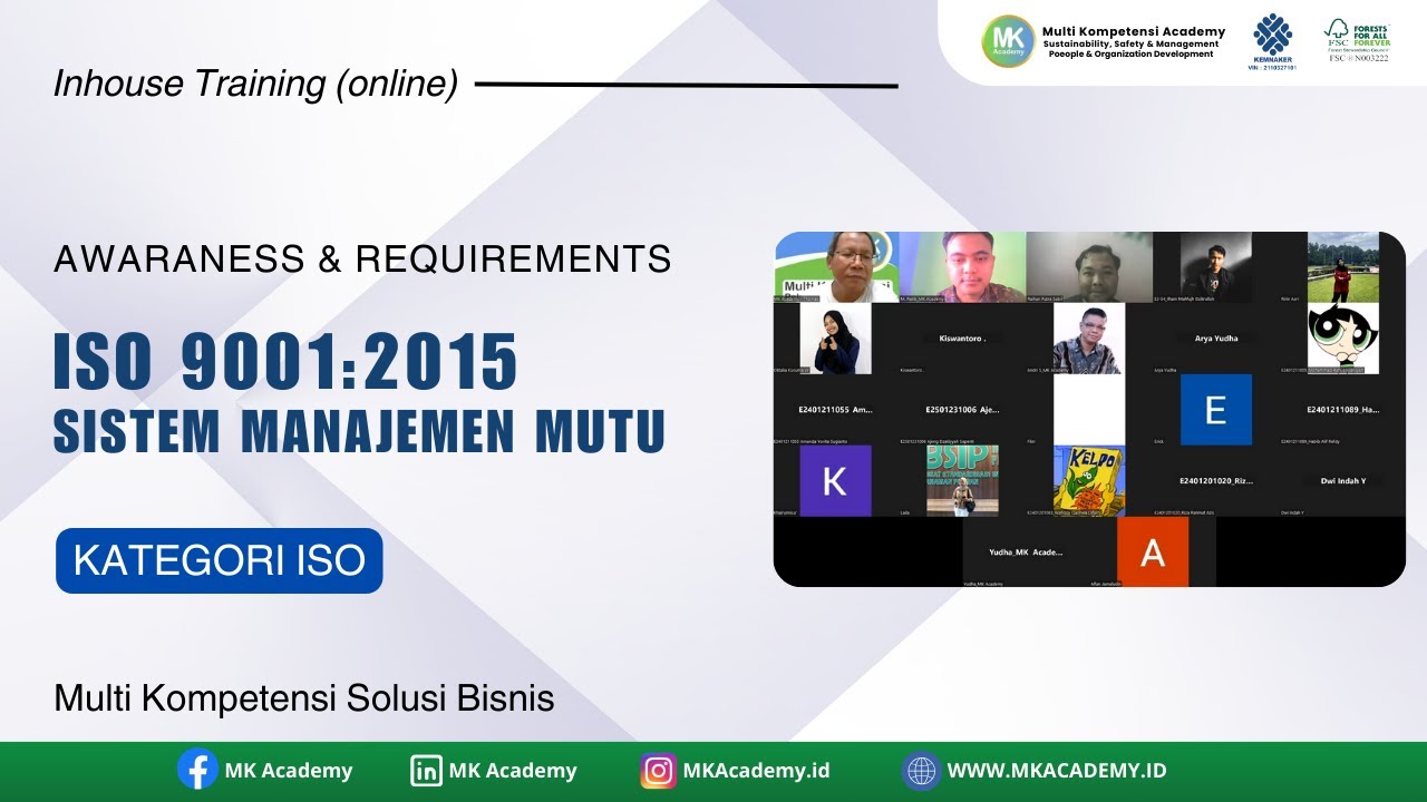 Inhouse Training (online) Pemahaman Persyaratan ISO 9001:2015 Sistem Manajemen Mutu
