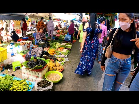 Cambodian best street food, Walking tour Phnom Penh traditional market 2022