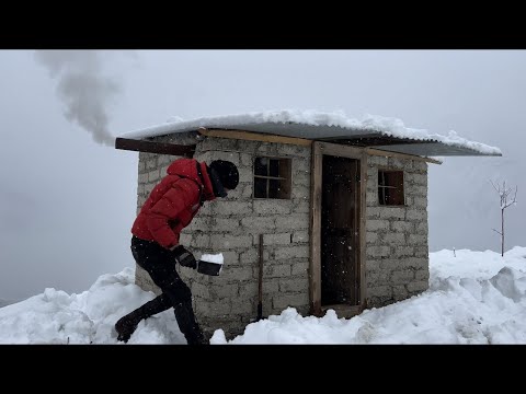 Building & Surviving Primitive Mud Shelter in Snow | Stove, Fire & Winter Survival