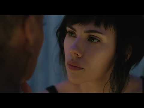 Ghost in the Shell 2017 official trailer frame with Major stepping through neon holograms