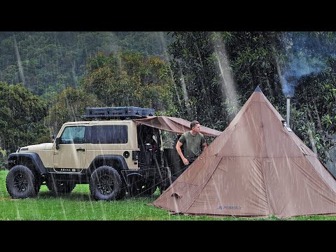 HOT TENT Camping in SEVERE RAIN  [ Relax in warm and cosy Tepee with fire place | Car | ASMR ]