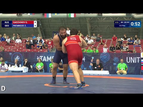1/2 GR - 120 kg: Z. PATARIDZE (GEO) df. G. GADZHINOV (RUS) by VSU, 9-0