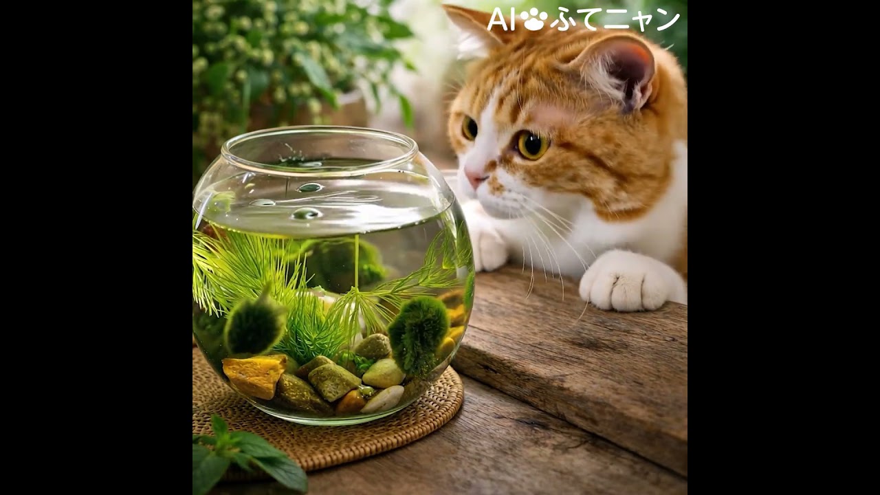 🟢今日は #マリモの日 🟢じーーーっ。なんだこれ。気になりすぎて、上から確認してます🐾 #マリモ #ふてニャン #猫 #cat