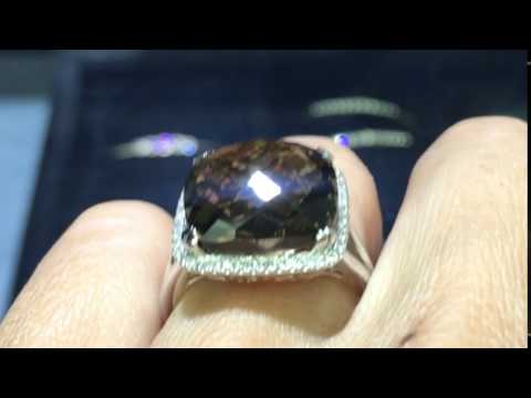 8.74CT 14K White Gold Cushion Cabochon Brown Smoky Topaz Diamond Cocktail Ring