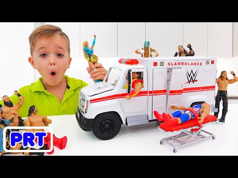 Vlad e Niki jogam com a WWE Slambulance Vehicle Brinquedo