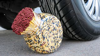 Aplastando Cosas Crujientes con el Coche | Experimento: Rueda de Coche VS Fósforos