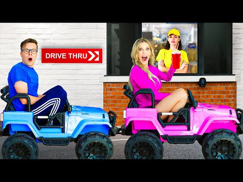 GOING IN DRIVE THRUS in MINI TOY CARS for 24 Hours
