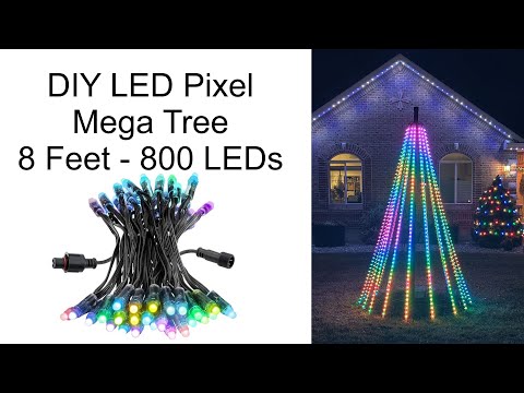 DIY Pixel LED Mega Tree Build.  8', 16 strings, 800 LEDs.  Controlled by ESP32, WLED and xLights.