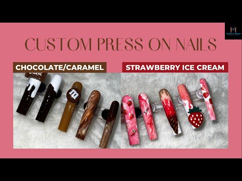 Chocolate/Caramel & Strawberry Ice Cream Theme Nails | Custom Press On Nails| Pressed By Sabreen