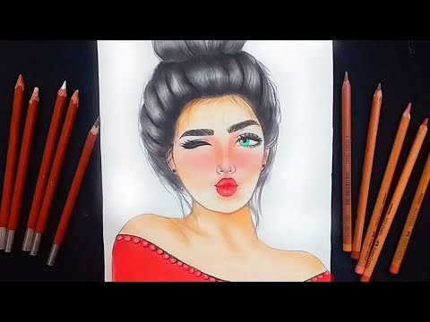 رسم سهل | تعليم رسم بنت جميلة وكيوت سهل بالرصاص والألوان خطوه بخطوه للمبتدئين بطريقة سهلة | رسم بنات